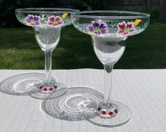 Hand Painted Hibiscus Margarita Glasses Set of 2, Violet Red Floral Drinkware, Mimosa, Martini