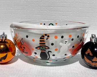 Halloween Candy Bowl Hand Painted Jack-O-Lanterns, Ghosts and Black Cats 6 in x 3 in,  Fall Decor