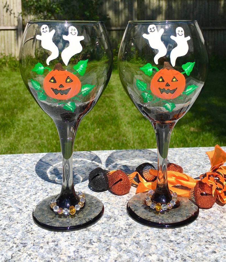 Halloween Wine Glasses With Hand Painted Ghosts and A Pumpkin Etsy