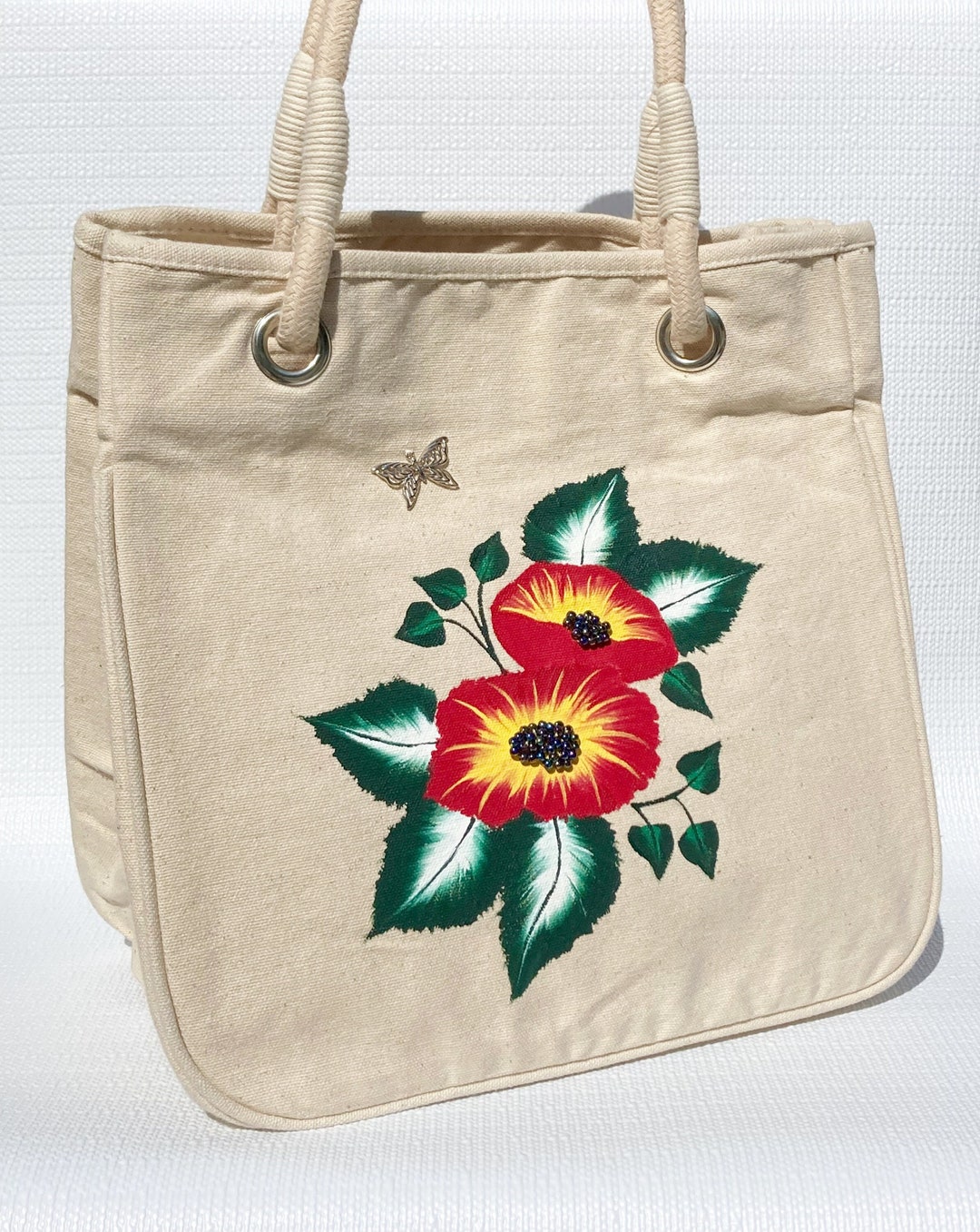 Hand Painted Rope Handle Tote Bag Butterfly Red Flowers Etsy