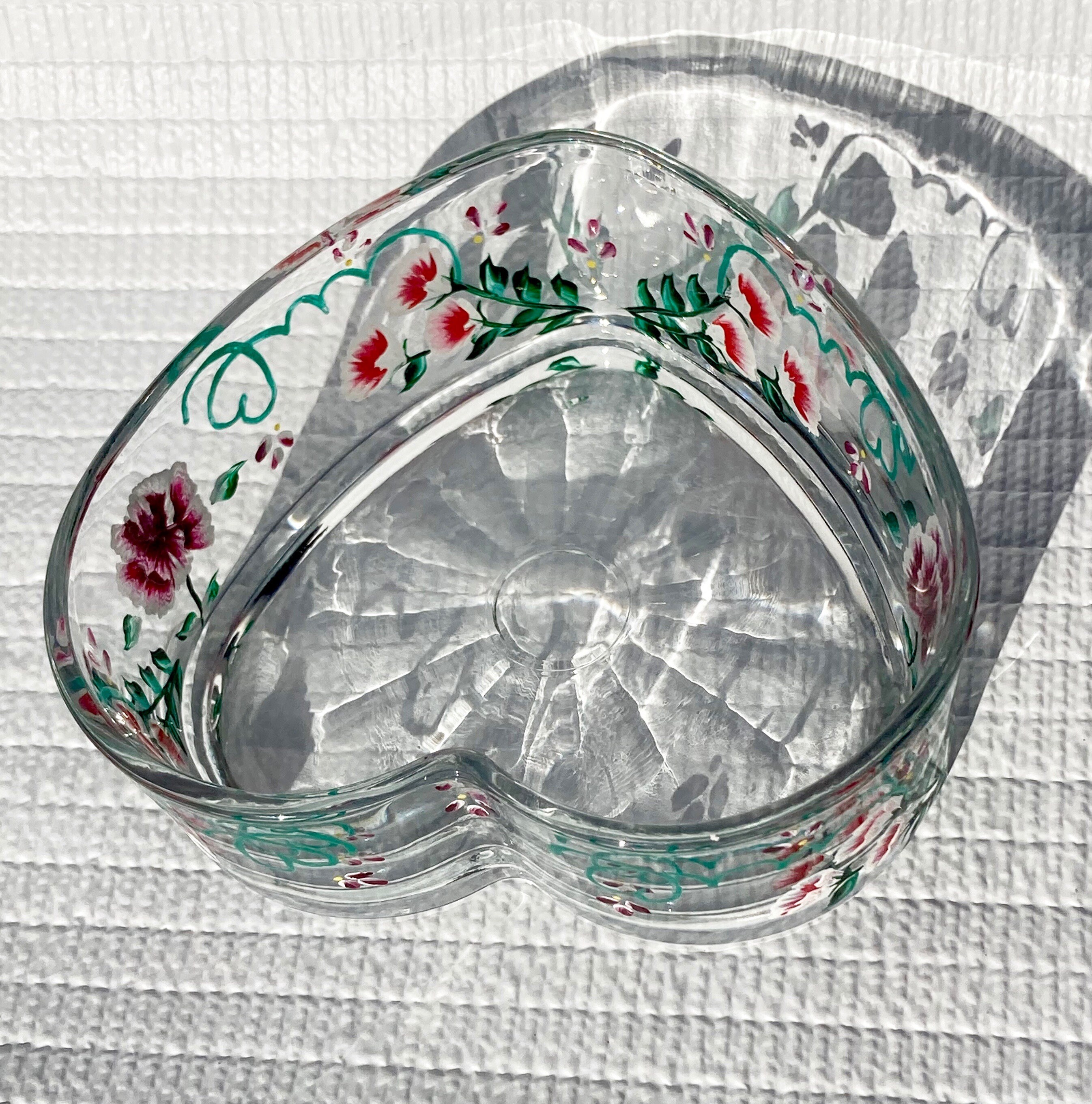 Heart Shaped Glass Bowl Candy Dish Hand Painted Red White Etsy