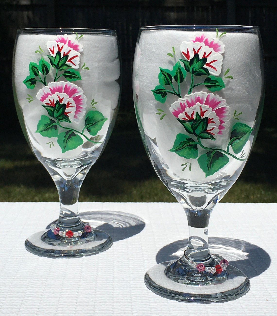 All Purpose Glasses Hand Painted Pink Flowers and Crystal Wine Etsy