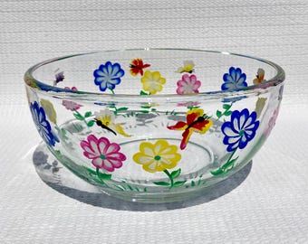 Hand Painted Glass Bowl, Flowers Butterflies Candy Dish, 6in x 3in Home Decor, Gift Idea