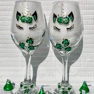 Unicorn Wine Glasses Hand Painted Shamrocks, Wine Glass Charms, Irish Gifts