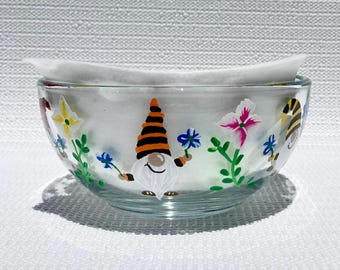 Bol de cristal pintado a mano con gnomos y flores de colores del arcoíris, 15 cm x 7,5 cm, ideal para amantes de los gnomos o como bombonera.