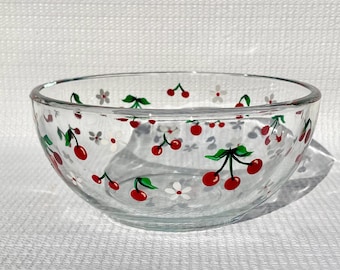 Bol de cristal pintado a mano, cerezas rojas, flores blancas, decoración para el hogar (15 cm x 7,5 cm) Día de la Madre