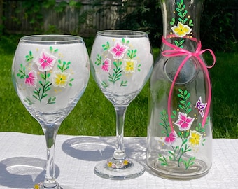 Juego de jarra y copa de vino pintados a mano, diseño floral, adornos de cristal, idea de regalo.