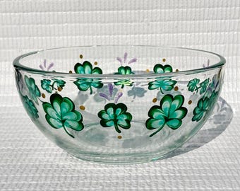Glass Bowl Hand Painted Green Shamrocks With Purple Wisps 6 in x 3 in, Irish Decor, Free Shipping, Candy Dish, Irish Gift