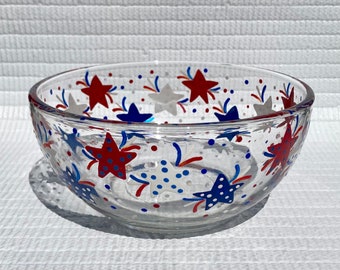 Patriotic Candy Bowl Hand Painted Red White and Blue Stars, Fourth of July, Americana, Beach House, Summer Lover