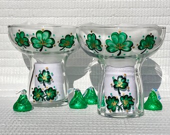 Stemless Cocktail Glasses Hand Painted Shamrocks, Margarita Glasses, Mothers Day Gift, Unique Gift For Her