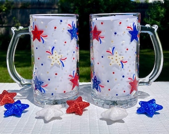 Jarras de cerveza patrióticas pintadas a mano, estrellas rojas, blancas y azules, juego de 2