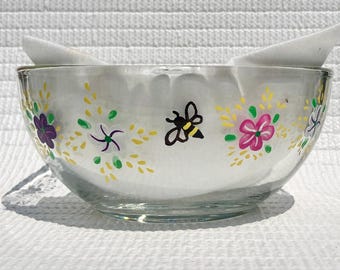 Plato de cristal pintado a mano para dulces, flores multicolores, abejas, 6 x 3 pulgadas.