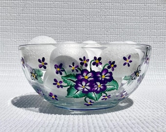 Bol de cristal con violetas moradas y abejas pintadas a mano, 15 x 7,5 cm, regalo para amantes de las flores, decoración del hogar.