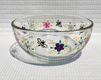 Dulcera de vidrio pintada a mano, flores multicolores, abejas, 6 x 3 pulgadas, Día de la Madre