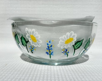 Bol de cristal con margaritas y flores azules pintadas a mano (15 cm x 7,5 cm) Día de la Madre, bombonera, decoración del hogar