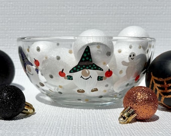 Halloween Candy Dish With Hand Painted Gnomes and Ghosts 6 in x 3 in, Halloween Treat Bowl, Fall Decor