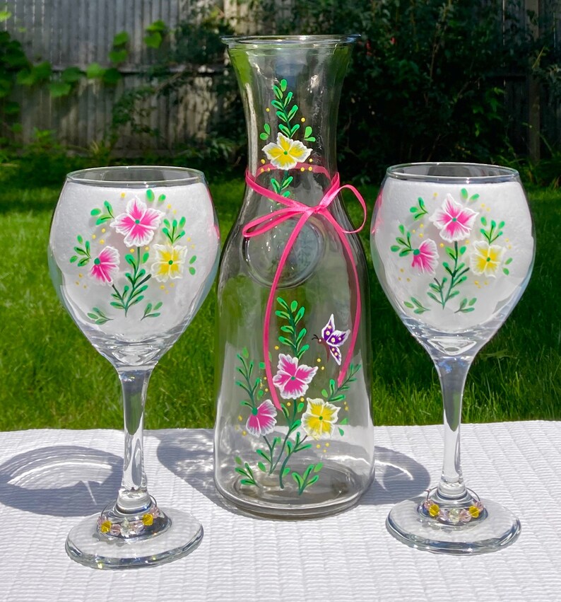 Carafe and Matching Wine Glasses Hand Painted Flowers 3 Piece Etsy