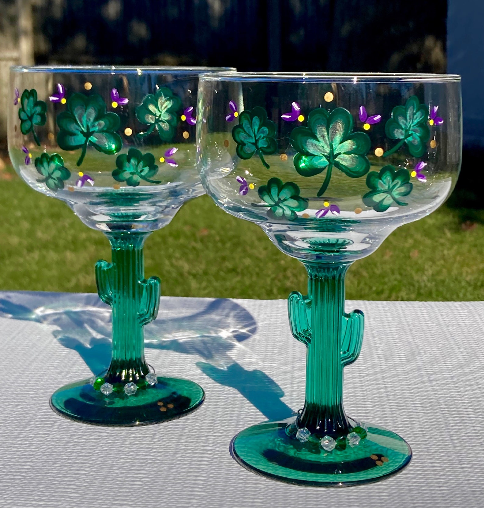 Margarita Glasses Cactus Stem Hand Painted Shamrocks and Etsy