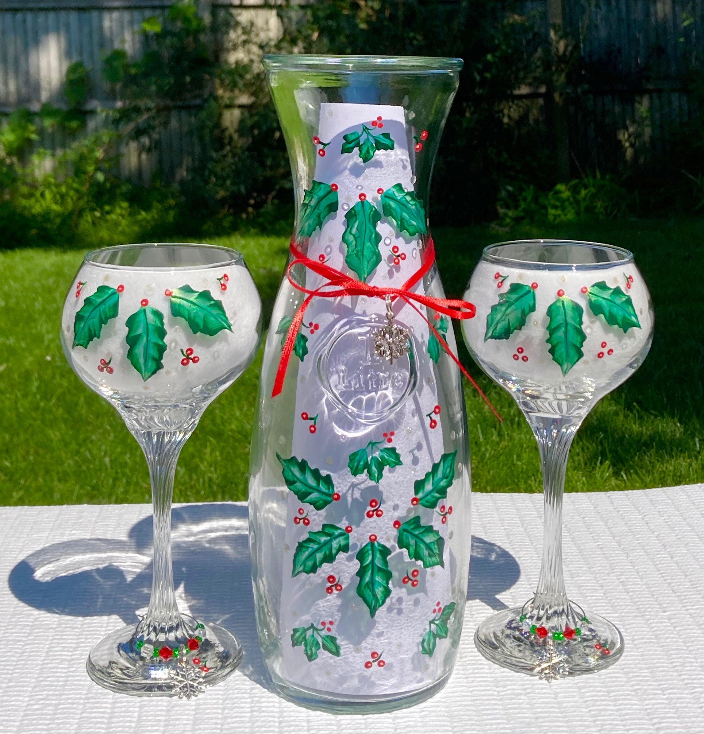 Christmas Wine Glasses and Matching Carafe Hand Painted Holly
