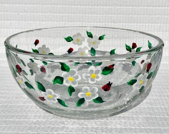 Hand Painted Glass Candy Dish, White Flowers and Ladybugs, 6 inch x 3 inch, Gift Idea