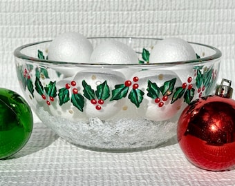 Hand Painted Holly Candy Dish Bowl, Sparkling Snow, 6 in x 3 in, Christmas