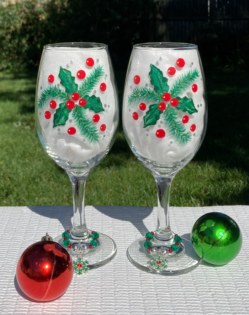 Christmas Wine Glasses Hand Painted Holly and Wine Glass Etsy