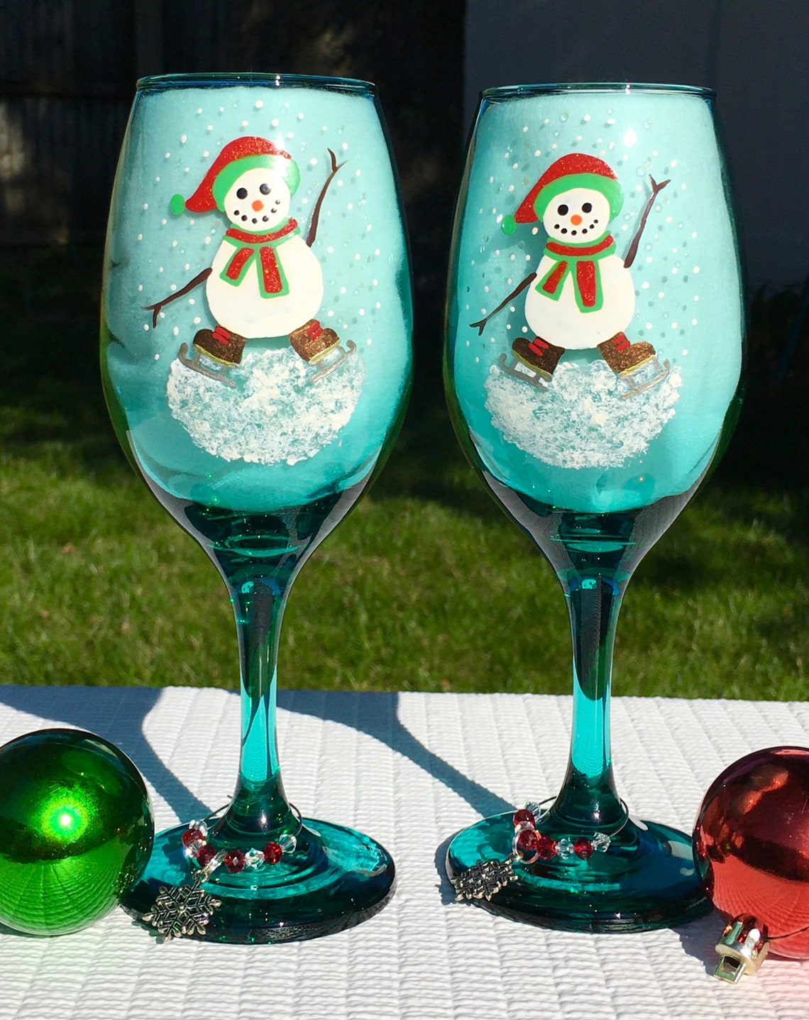 Christmas Wine Glasses Hand Painted Snowman on Skates Set of Etsy