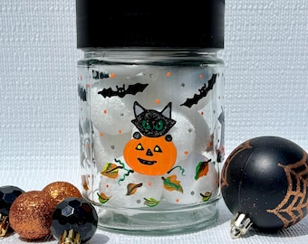 Halloween Candy Jar Canister Hand Painted Pumpkins, Sparkling Bats, Witch Hats, Halloween Decoration