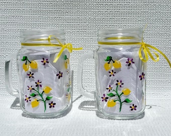 Hand Painted Mason Jar Mugs, Lemons and Flowers, Country Glasses Set of 2, 16 oz, Gift Idea