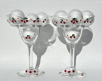 Hand Painted Margarita Glasses, Cherries and Flowers, Wine Charms, Set of 2, Mothers Day, Cinco de Mayo