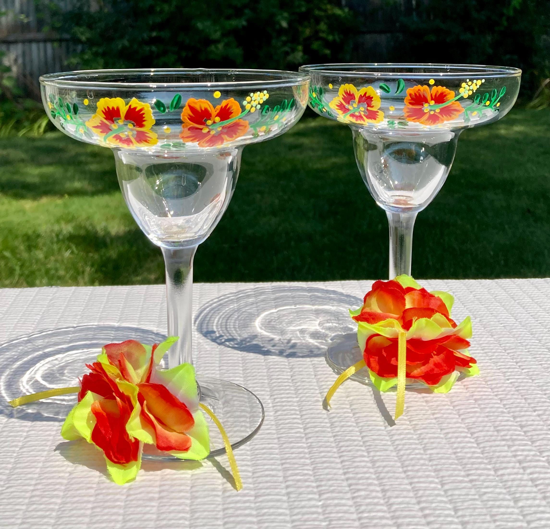 Margarita Glasses Hand Painted Flowers With Nylon Flowers Set of 2-10 oz, Gift For Her, Cocktail Glasses, Martini Glasses