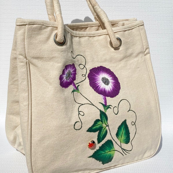 Tote Bag With Hand Painted Purple Flowers and Hand Sewn Beads and Ladybug Charm,Mothers Day Gift, Reusable Market Bag, Free Shipping