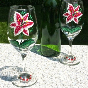 Wine Glasses Hand Painted Red White Lily Crystal Wine Glass Charms, Set of 2-12 oz. Mothers Day Gift, Birthday, Anniversary, Gift For Her image 6