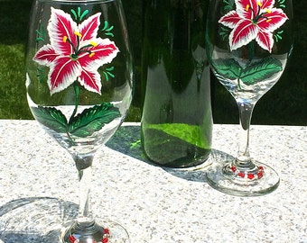 Hand Painted Lily Wine Glasses with Crystal Charms, Set of 2, Gift Idea