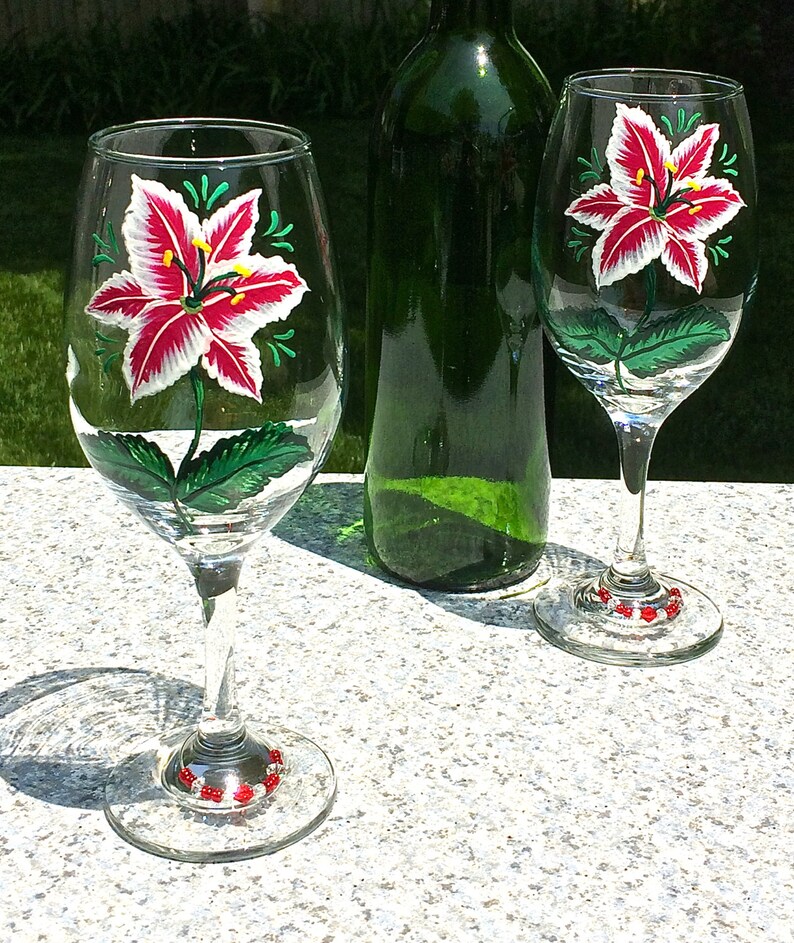 Wine Glasses Hand Painted Red White Lily Crystal Wine Glass Charms, Set of 2-12 oz. Mothers Day Gift, Birthday, Anniversary, Gift For Her image 6