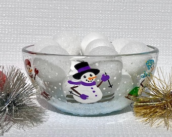 Christmas Bowl Candy Dish Hand Painted Snowmen 6 in x 3 in, Holiday Decor,  Winter Bowl