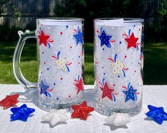 Hand Painted Patriotic Beer Mugs, Red White Blue Stars, Set of 2