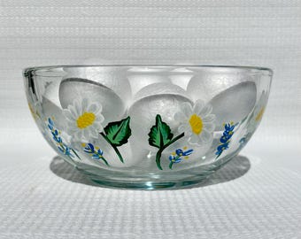 Glass Bowl With Hand Painted Daisies and Blue Flowers (6in x 3in) Candy Dish, Home Decor