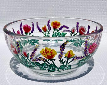 Glass Bowl Candy Dish Hand Painted Multi-colored Flowers 6 in x 3 in, Home Decor, Gift Idea