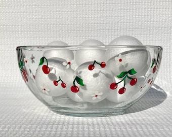 Plato para dulces pintado a mano, cuenco de vidrio, cerezas rojas, flores blancas, decoración para el hogar (6 x 3 pulgadas)