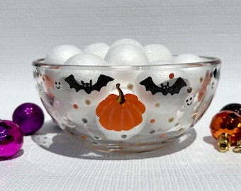 Hand Painted Halloween Candy Bowl: Ghosts, Pumpkins, Bats,  6 in x 3 in