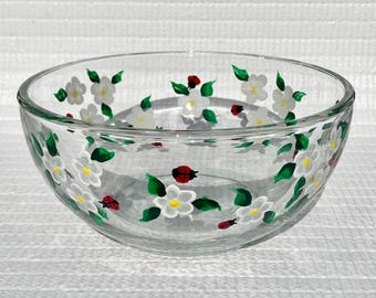 Round Glass Bowl Candy Dish Hand Painted White Flowers and Ladybugs 6 in x 3 in, Gifts For Her, Birthday, Flower Lover Gift