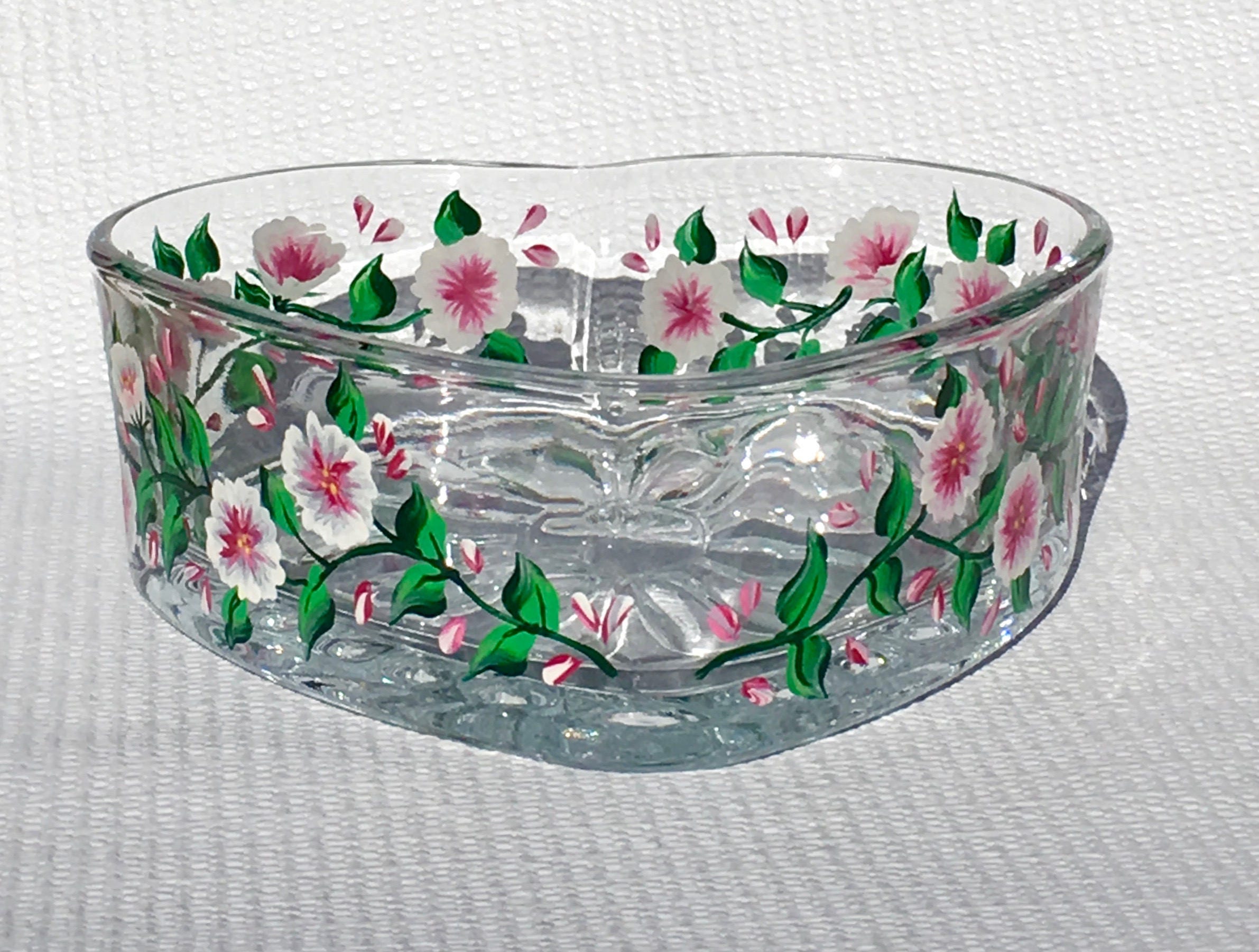 Glass Heart Bowl Hand Painted Pink and White Flowers Etsy