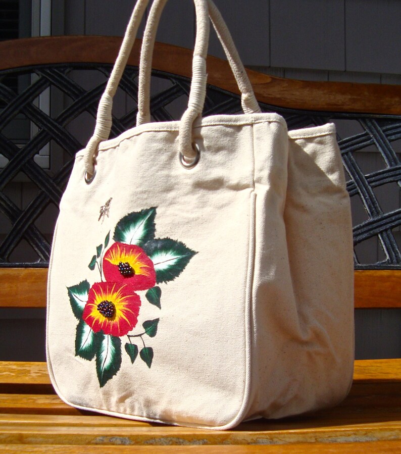Gifts For Her Rope Handle Tote Bag Hand Painted Red and Yellow Flowers Hand Beaded Centers Book Bag Reusable Market Bag Overnight Bag