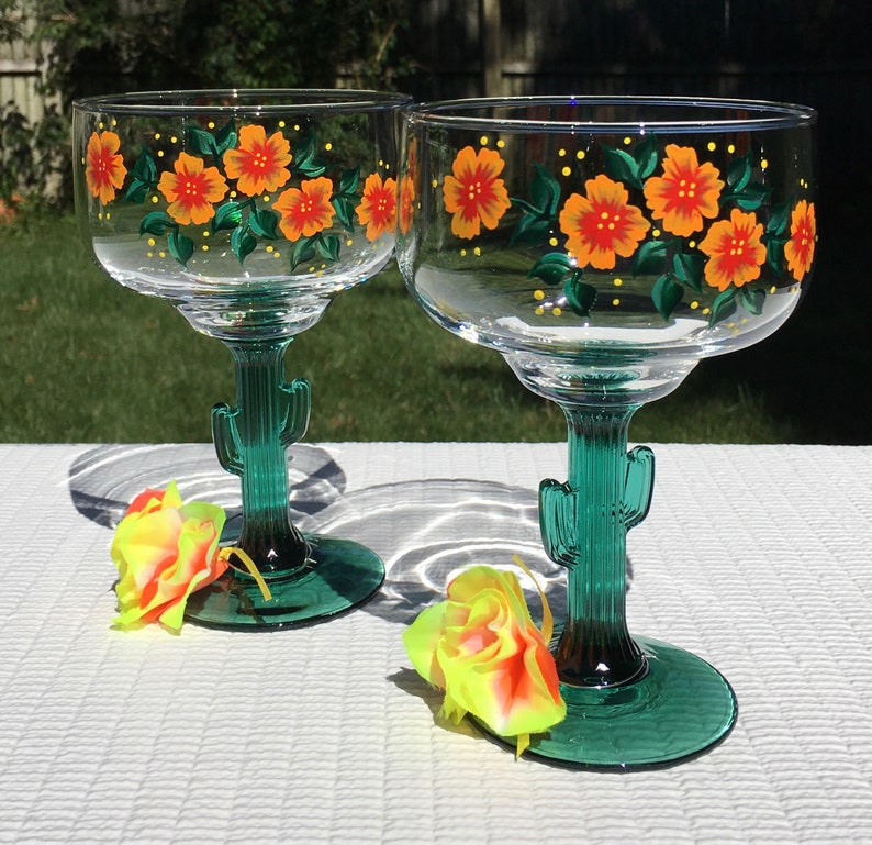Margarita Glasses Green Cactus Stems Hand Painted Orange Red Etsy