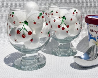 Ice Cream Sundae Glass Bowls Hand Painted Cherries and White Flowers, Set of 2, Gift Idea