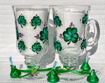 Hand Painted Shamrock Irish Coffee Glasses, Set of 2, Gift Idea