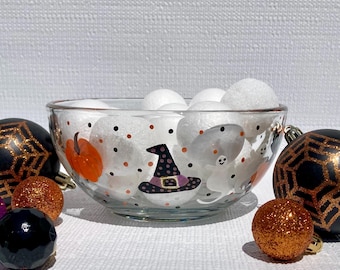 Halloween Candy Bowl Hand Painted Pumpkins, Witch Hats, Ghosts and Black Cats 6 in x 3 in, Halloween Decor, Fall Decor