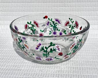 Candy Dish Hand Painted Flowers and Ladybugs 6 in x 3 in, Round Glass Bowl, Gifts For Her, Birthday, Flower Lover Gift