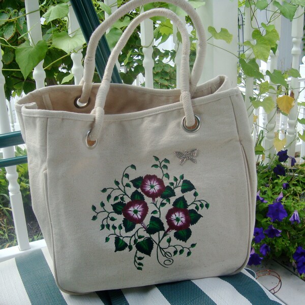 Red Flowered Natural Tote Bag